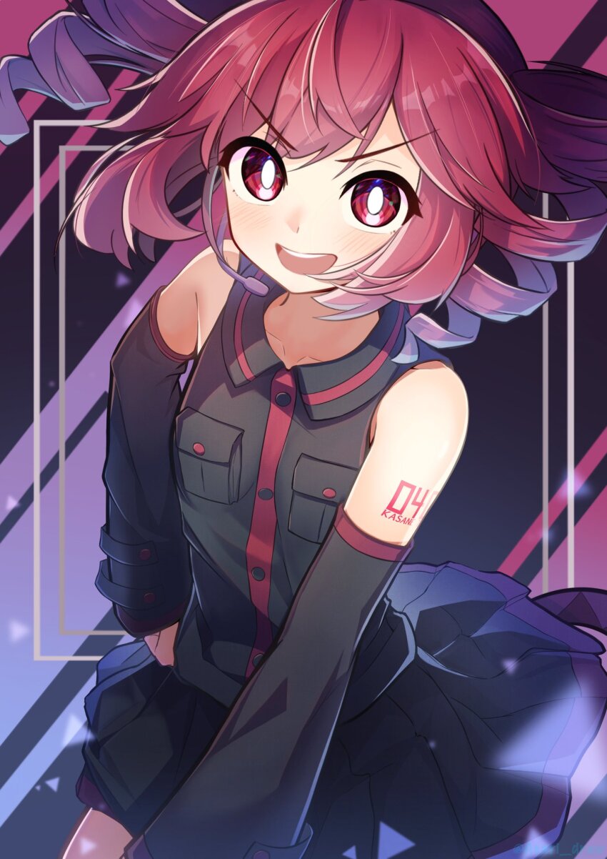 1girl, asari_draw, bare_shoulders, belt, black_background, black_belt, black_skirt, black_sleeves