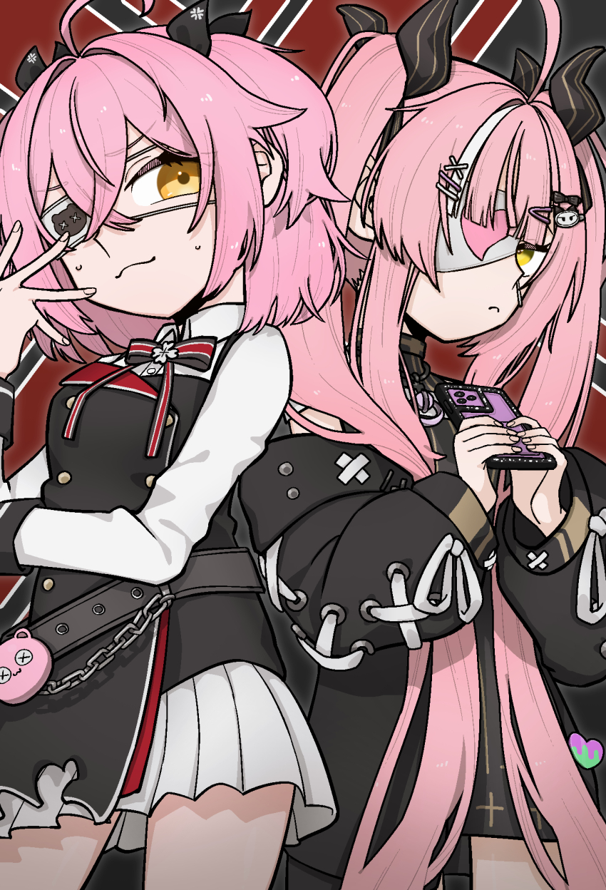 2girls, :3, ahoge, azur_lane, black_ribbon, cellphone, chuunibyou, crossed_bangs