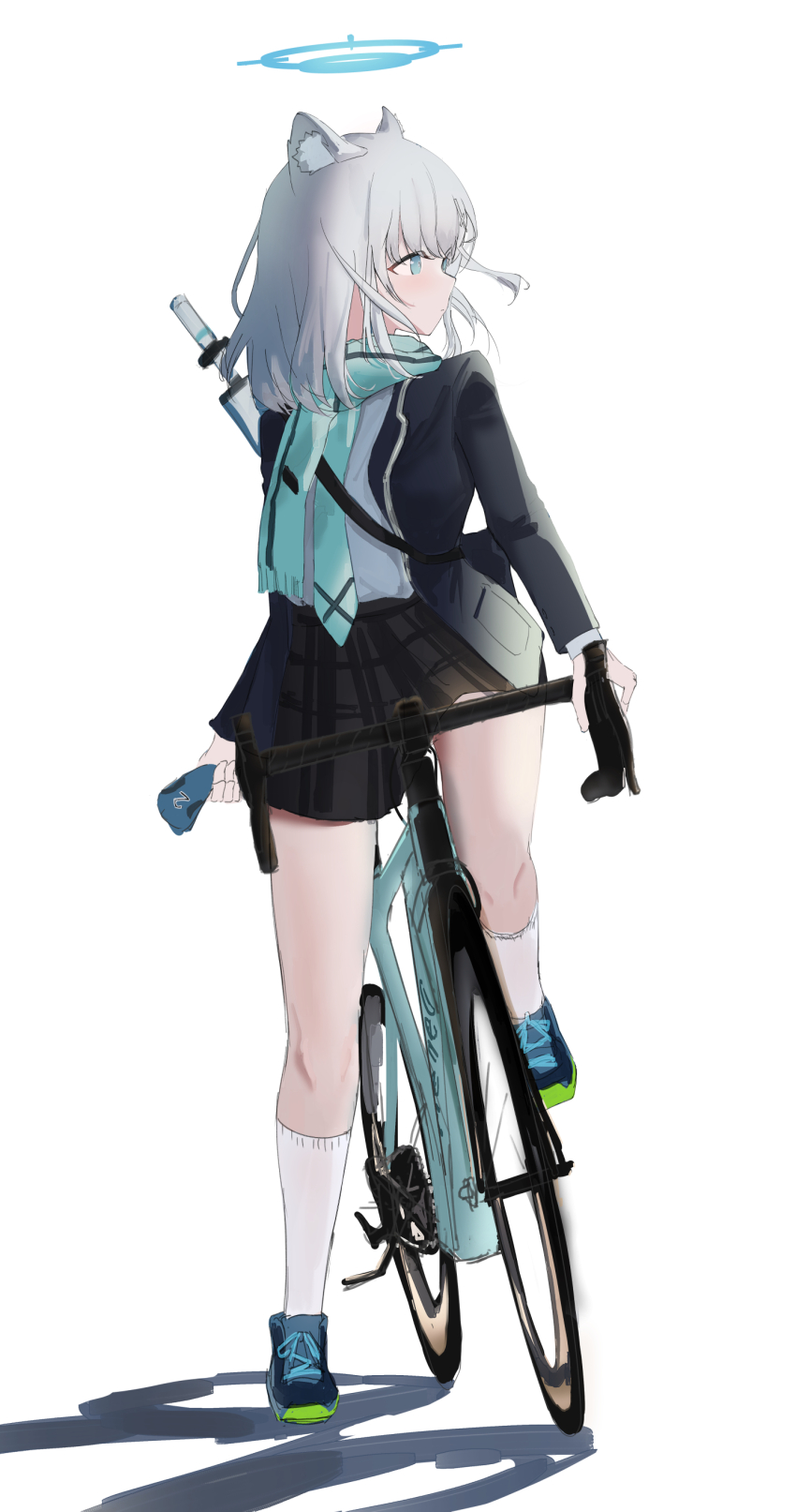 1girl, absurdres, animal_ear_fluff, animal_ears, bicycle, black_gloves, black_skirt, blue_archive