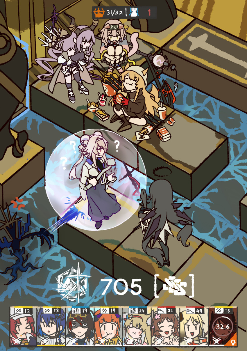 1boy, 6+girls, ?, anger_vein, animal_ears, arknights, bagpipe_(arknights), black_hair