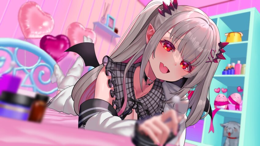 1girl, absurdres, bedroom, blurry, blurry_background, blurry_foreground, blush, choker