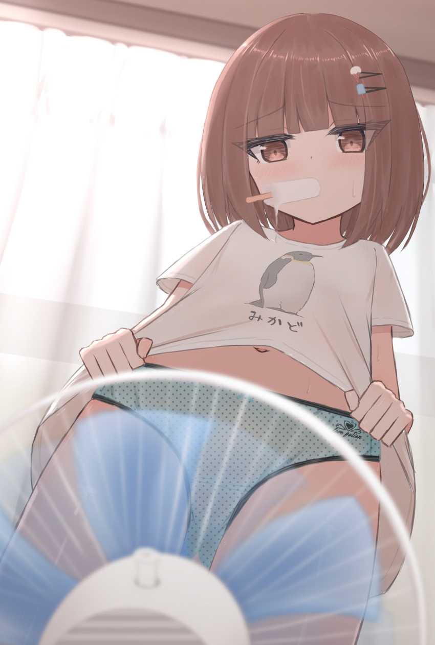 1girl, absurdres, animal_print, black_trim, blue_panties, blunt_bangs, bob_cut, brown_eyes