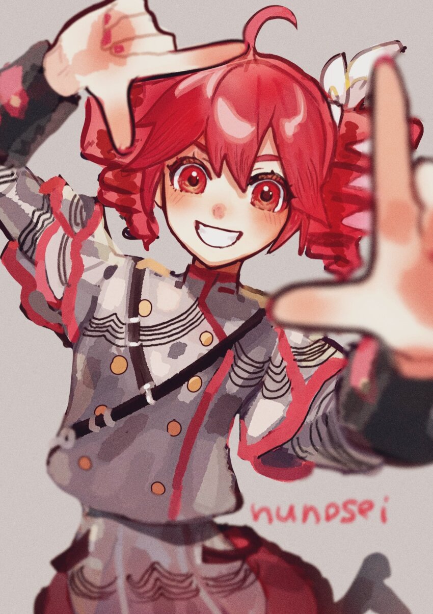 1girl, ahoge, belt, black_belt, blush, bow, buttons, double-breasted