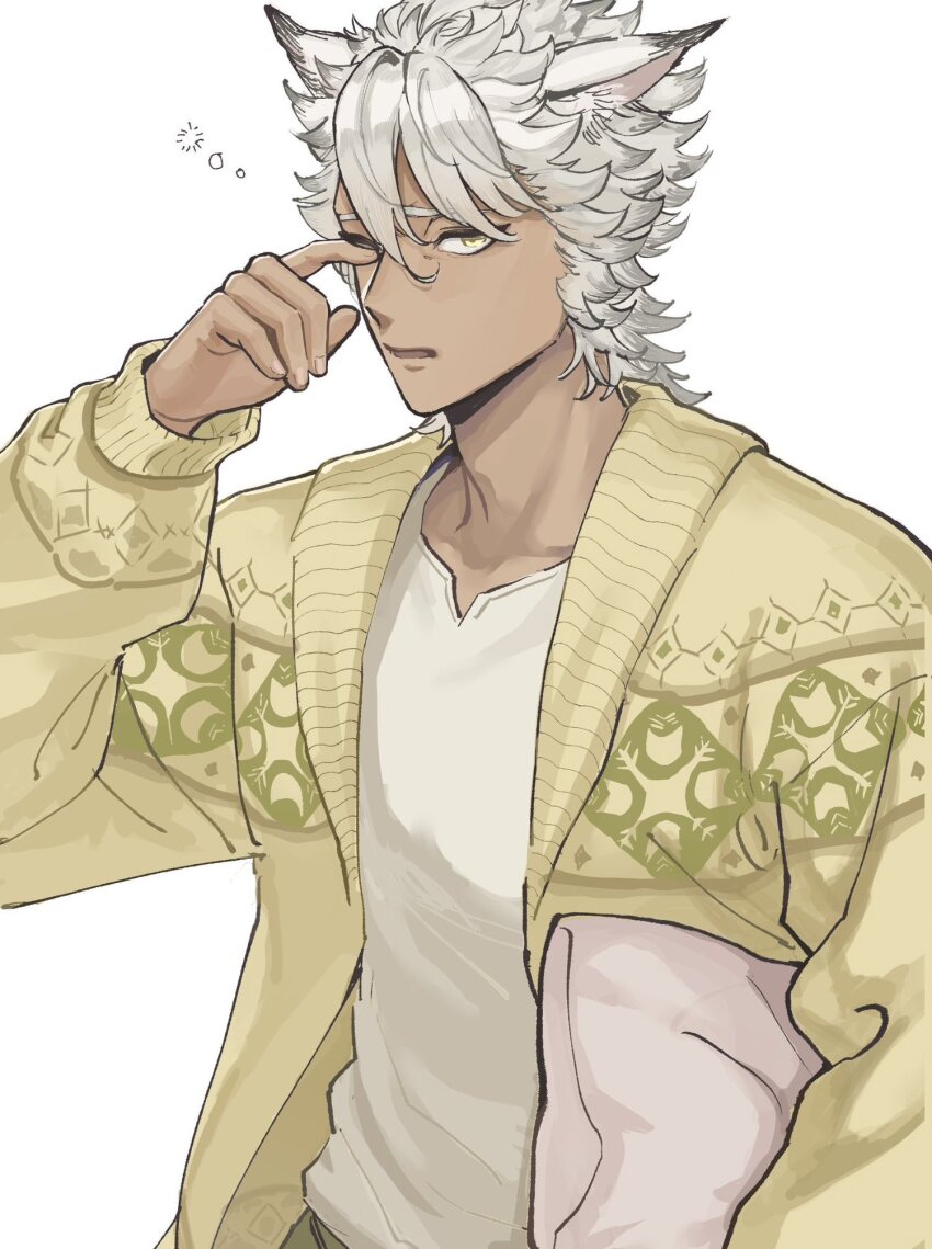 1boy, animal_ear_fluff, animal_ears, cardigan, commentary_request, dark-skinned_male, dark_skin, hair_between_eyes, hand_up, highres, holding, holding_pillow, jack_howl, jack_howl_(cozy_loungewear), long_sleeves, looking_at_viewer, male_focus, one_eye_closed, open_cardigan, open_clothes, open_mouth, pillow, puffy_long_sleeves, puffy_sleeves, sabakan_(erika9929), shirt, short_hair, simple_background, sleepy, solo, twisted_wonderland, white_background, white_hair, white_shirt, wolf_ears, yellow_cardigan, yellow_eyes