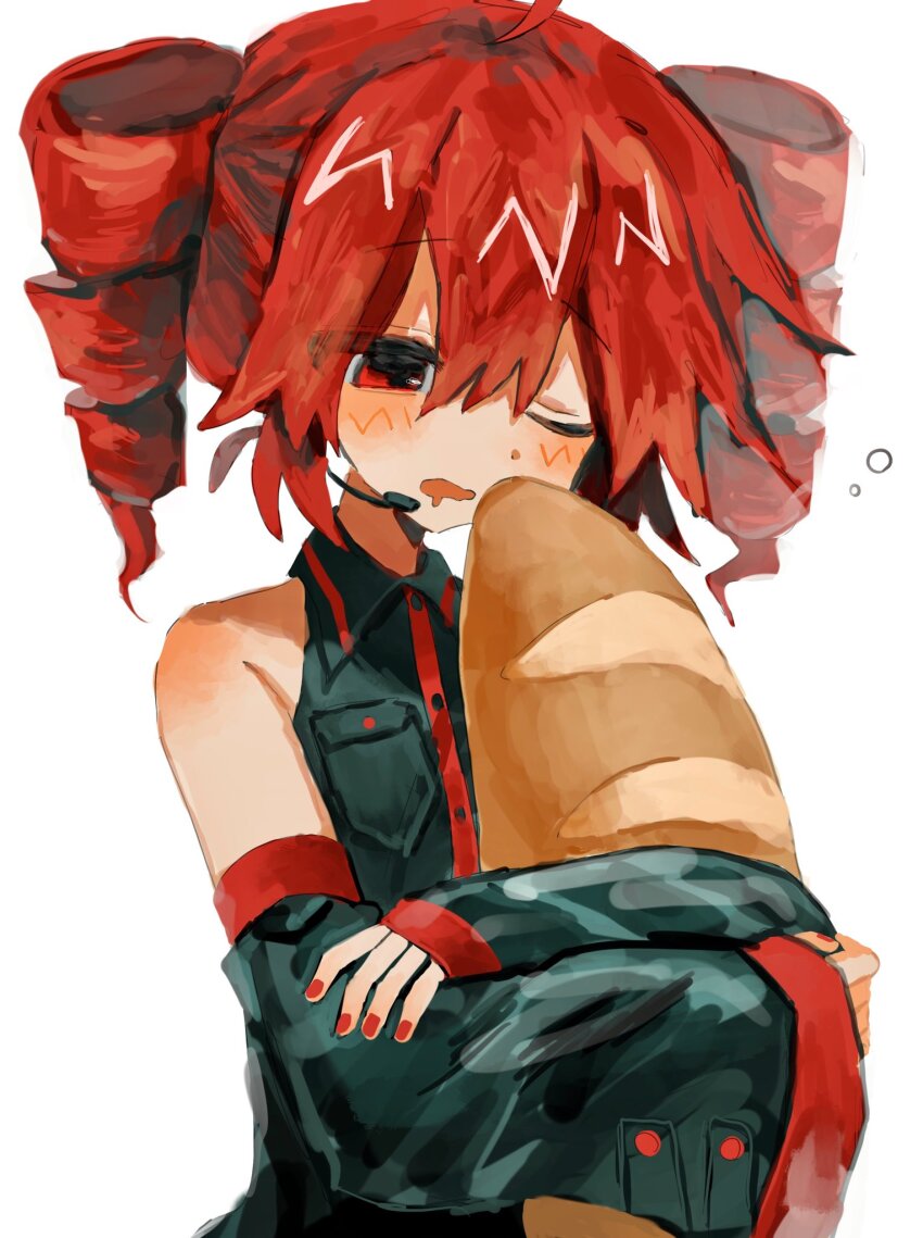 1girl, ahoge, baguette, bare_shoulders, black_shirt, black_sleeves, blush, bread, breast_pocket, collared_shirt, commentary, crossed_arms, detached_sleeves, drill_hair, drooling, food, headset, highres, holding, holding_food, hugging_object, kasane_teto, kasane_teto_(utau), long_sleeves, microphone, mouth_drool, one_eye_closed, open_mouth, pocket, red_eyes, red_hair, red_nails, shirt, short_hair, simple_background, sleepy, sleeveless, sleeveless_shirt, solo, squeans, twin_drills, unagizaka_gohan, upper_body, utau, white_background