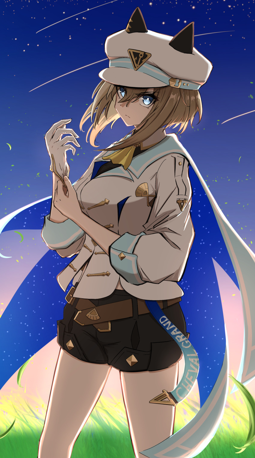 1girl, absurdres, animal_ears, ascot, belt, black_shorts, blue_cape, blush