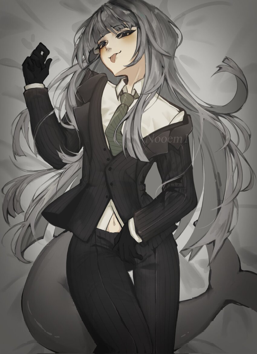 1boy, androgynous, bed_sheet, black_eyes, black_gloves, black_pants, black_suit, buttons, collared_shirt, commentary, english_commentary, formal_clothes, funamusea, gloves, grey_hair, gris_(funamusea), highres, light_blush, long_hair, looking_at_viewer, male_focus, navel, necktie, nooem1, pants, shirt, solo, striped_clothes, striped_necktie, striped_pants, striped_suit, suit, tongue, tongue_out, trap, vertical-striped_clothes, vertical-striped_pants, vertical-striped_suit, watermark, white_shirt