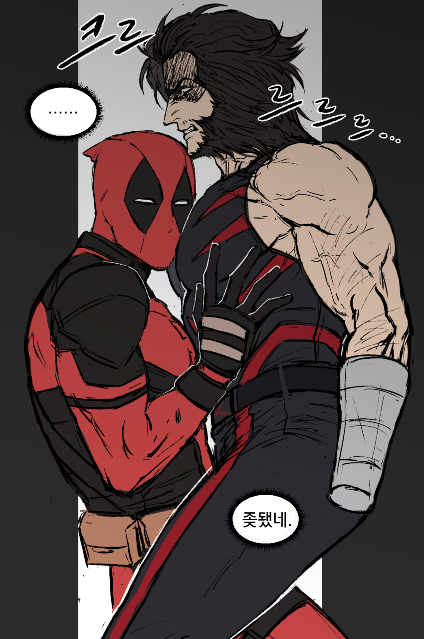 ..., 2boys, belt, black_gloves, bodysuit, clenched_teeth, commentary_request, deadpool