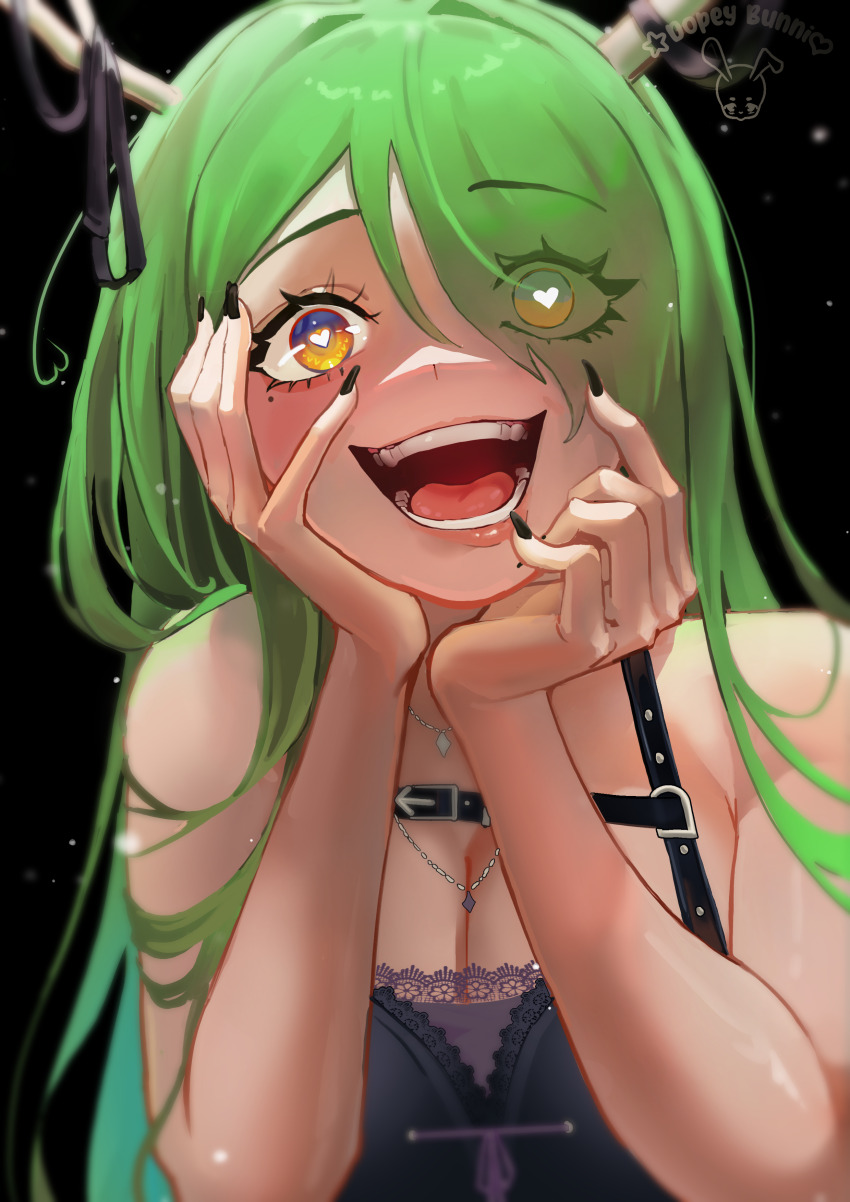 1girl, absurdres, artist_logo, artist_name, asymmetrical_bangs, bare_shoulders, black_background, black_nails