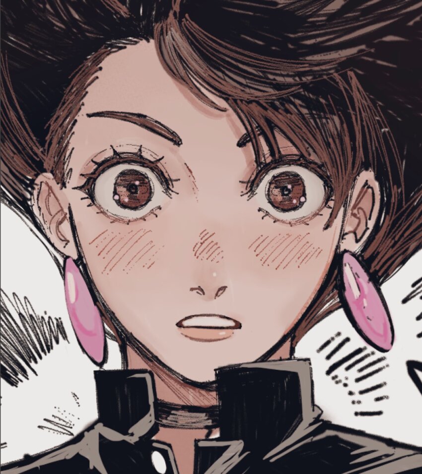 1girl, ayase_momo, black_choker, black_jacket, blush, brown_eyes, brown_hair, choker