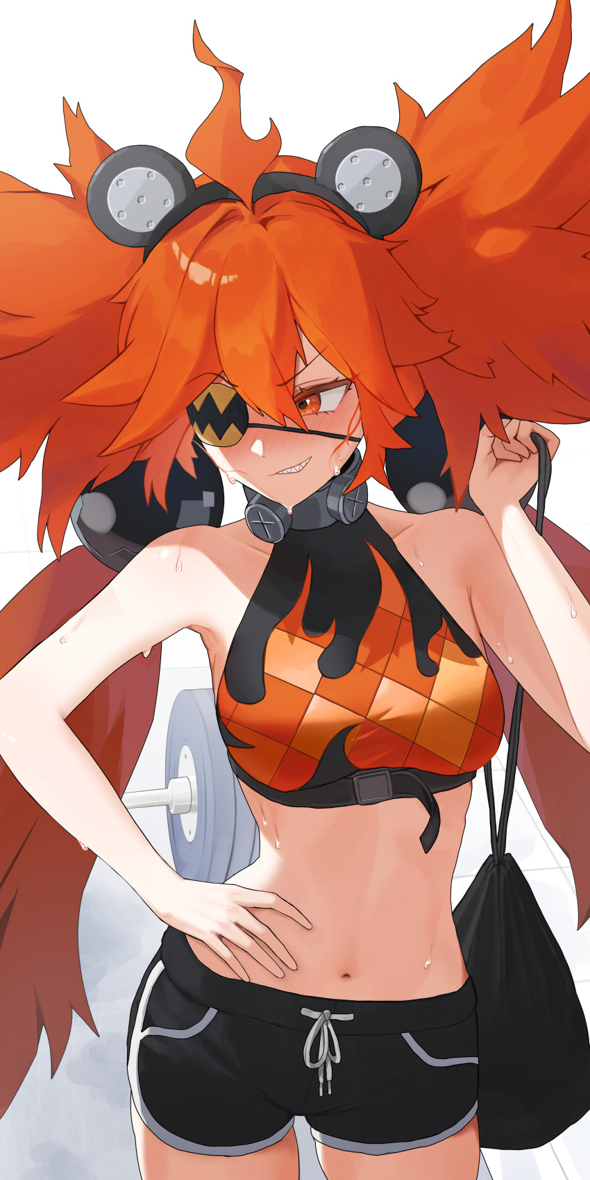 1girl, absurdres, ahoge, alternate_costume, bag, barbell, bare_shoulders, black_bag, black_shorts, black_sports_bra, blush, clenched_teeth, collar, collarbone, cowboy_shot, dolphin_shorts, drawstring, drawstring_bag, eyepatch, hair_between_eyes, hair_ornament, halterneck, hands_on_own_hips, highres, holding, holding_bag, koleda_belobog, long_hair, metal_collar, navel, nose_blush, nyaongyao, one_eye_covered, print_eyepatch, print_sports_bra, red_eyes, red_hair, sharp_teeth, short_shorts, shorts, solo, sphere_hair_ornament, sports_bra, standing, stomach, string_bag, sweat, teeth, twintails, very_long_hair, very_sweaty, white_background, zenless_zone_zero