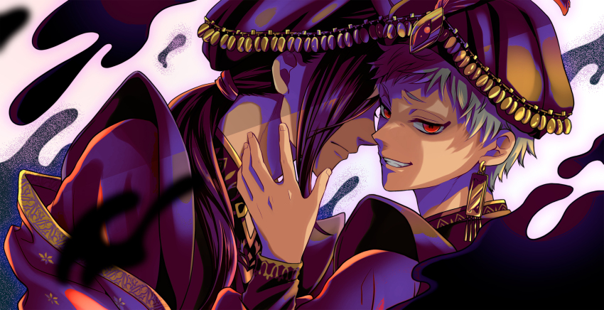 2boys, brown_hair, closed_mouth, clothing_request, commentary_request, dark-skinned_male, dark_skin, earrings, gem, gold_earrings, grin, hair_over_shoulder, hand_up, hat, hat_feather, highres, jamil_viper, jamil_viper_(dream), jewelry, kalim_al-asim, kalim_al-asim_(dream), kumaru_ayaka, long_hair, long_sleeves, looking_at_viewer, looking_to_the_side, low_ponytail, male_focus, multiple_boys, ponytail, red_eyes, red_gem, short_eyebrows, short_hair, smile, teeth, twisted_wonderland, upper_body, white_hair, yaoi