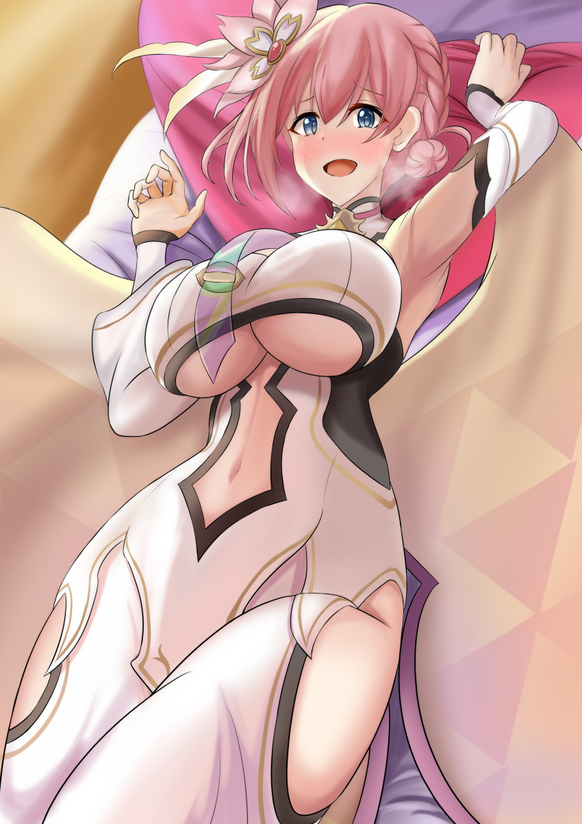 1girl, absurdres, armpits, blue_eyes, breasts, clothing_cutout, eleven_(eleven_szm11), from_below