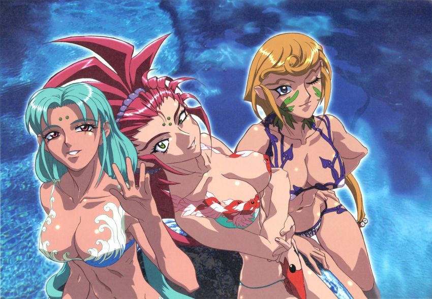 3girls, aqua_hair, bikini, blonde_hair, breasts, cleavage, crossed_arms, facial_mark, green_hair, hakubi_washuu, hand_on_own_hip, highres, in_water, kajishima_masaki, long_hair, looking_at_viewer, multiple_girls, non-web_source, ocean, one_eye_closed, ponytail, red_hair, swimsuit, tenchi_muyou!, tokimi, tsunami_(tenchi_muyou!), tsurime, water, waving