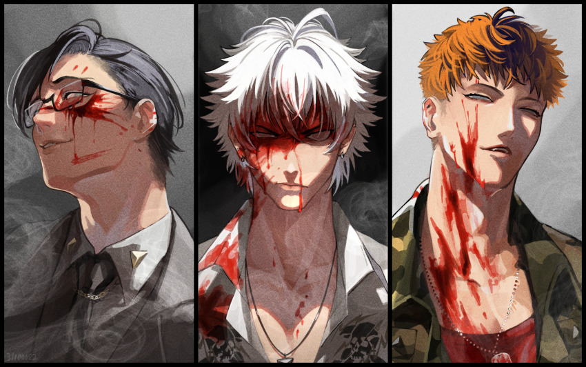 3boys, ahoge, aohitsugi_samatoki, asymmetrical_bangs, black-framed_eyewear, black_border, black_hair, black_necktie