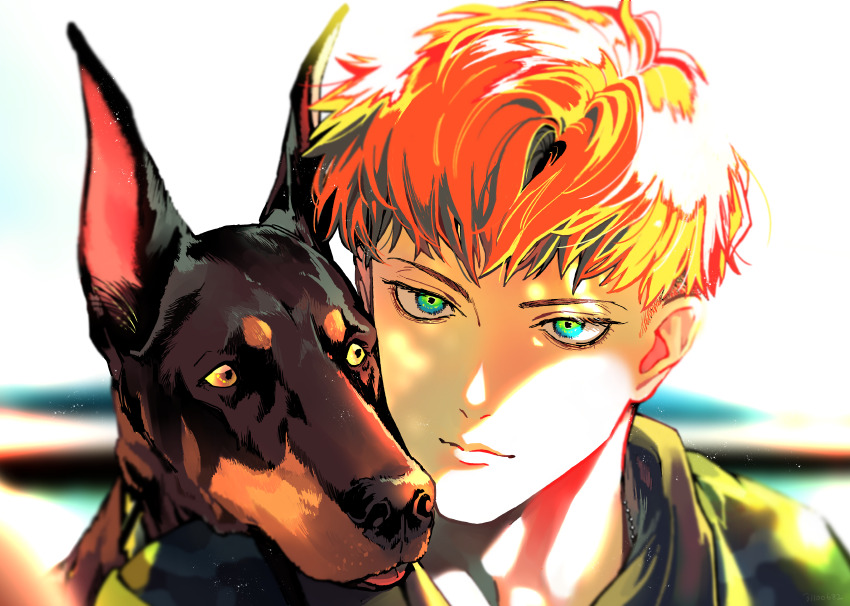 1boy, absurdres, animal, animal_on_shoulder, blue_eyes, blurry, blurry_edges, busujima_mason_rio