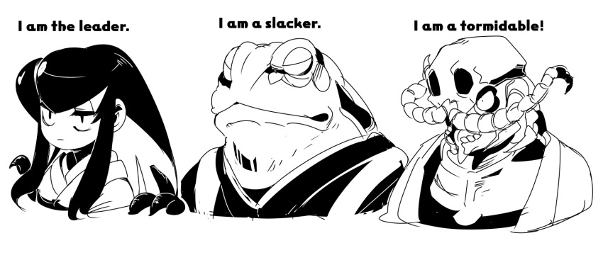 1girl, 2boys, 770mk, arthropod_boy, bags_under_eyes, bifurcated_jaw, centipede_boy, constricted_pupils