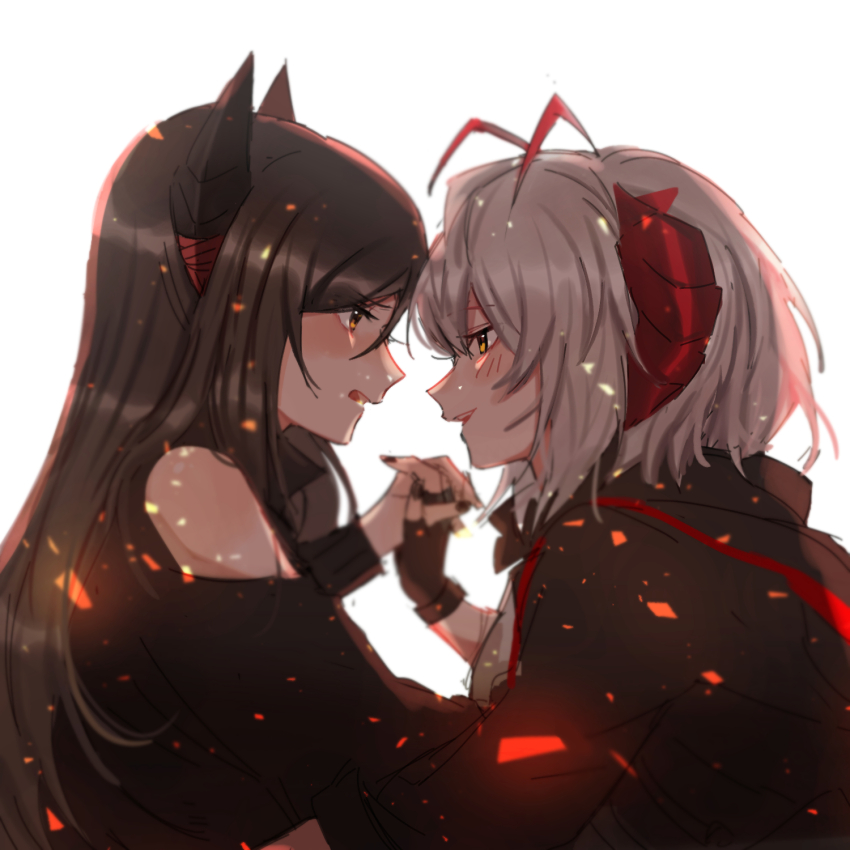 2girls, antenna_hair, arknights, bare_shoulders, black_gloves, black_hair, black_jacket, blush