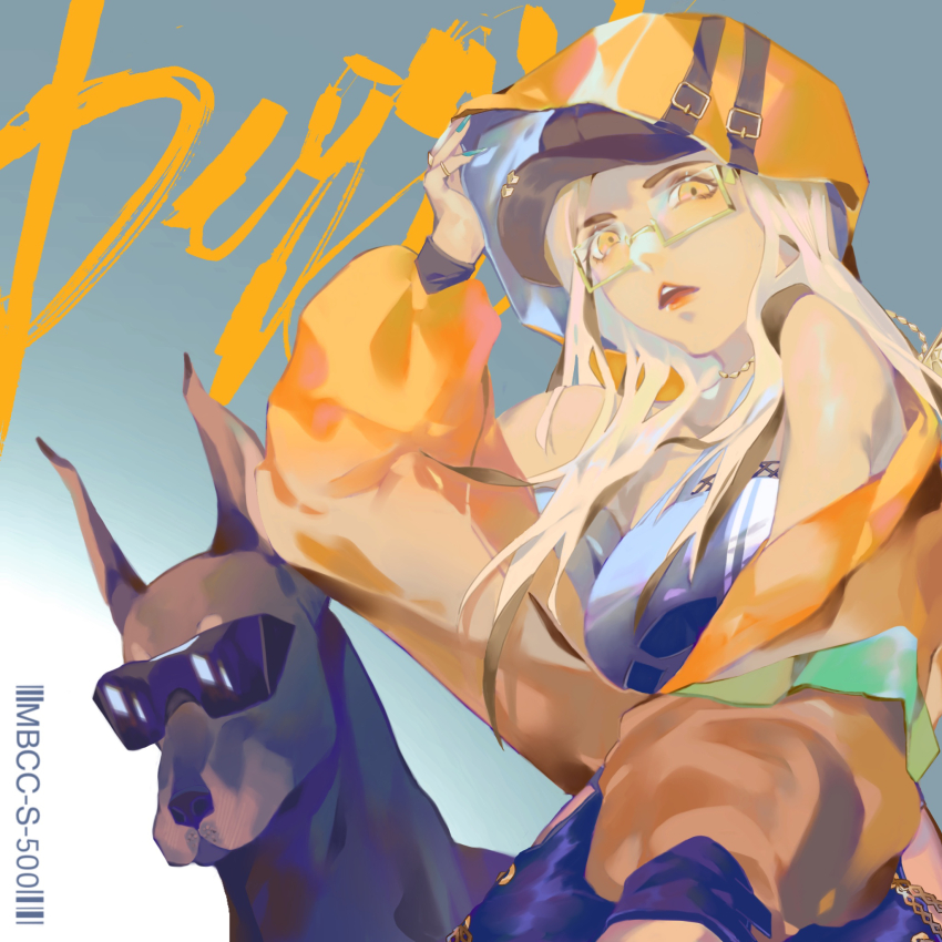 1girl, baseball_cap, black_hat, black_shirt, blonde_hair, blue_background, breasts, brown_dog, character_signature, daoyou, dark-skinned_female, dark_skin, dobermann, dog, gradient_background, hat, highres, hood, hood_up, hooded_jacket, jacket, long_hair, looking_at_viewer, looking_down, medium_breasts, off_shoulder, open_mouth, orange_eyes, orange_jacket, path_to_nowhere, peggy_(path_to_nowhere), rectangular_eyewear, semi-rimless_eyewear, shirt, sleeveless, sleeveless_shirt, solo, sunglasses, teeth, upper_body, upper_teeth_only, yellow-framed_eyewear