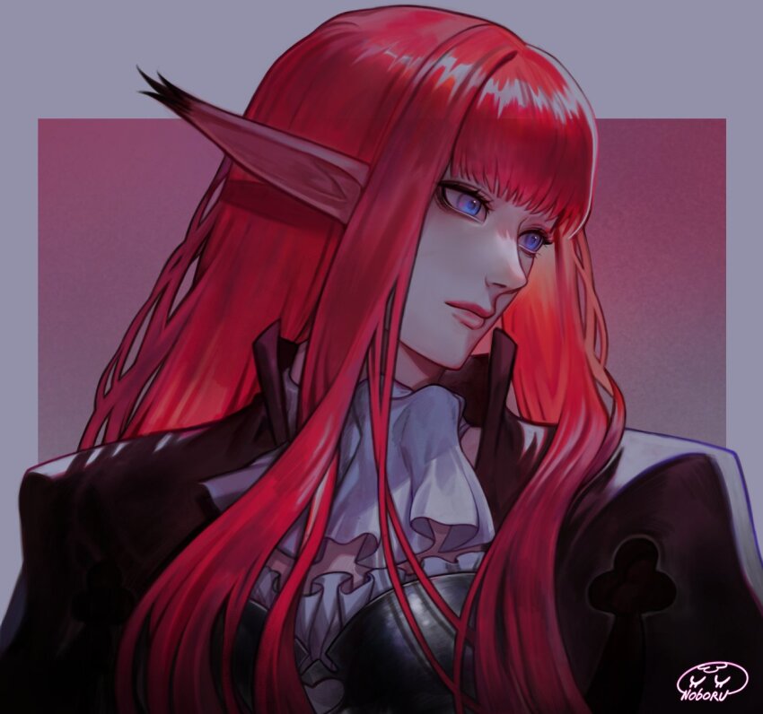 1girl, artist_name, ascot, black_jacket, blue_eyes, blunt_bangs, closed_mouth, commentary, english_commentary, highres, hulkenberg_(metaphor:_refantazio), jacket, lips, long_hair, metaphor:_refantazio, noboru_ru, pink_lips, pointy_ears, red_hair, solo, very_long_hair, white_ascot