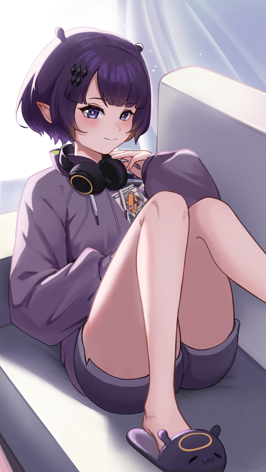 1girl, absurdres, blue_eyes, blunt_bangs, couch, curtains, grey_hoodie, grey_shorts