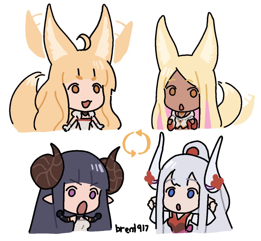 4girls, :o, ahoge, alternate_species, anila_(granblue_fantasy), animal_ears, black_hair, blonde_hair, blue_eyes, blunt_bangs, breasts, chibi, dark-skinned_female, dark_skin, draph, ear_wiggle, erune, fikkyun, fox_ears, fox_girl, fox_tail, granblue_fantasy, horns, kumbhira_(granblue_fantasy), long_hair, multicolored_hair, multiple_girls, orange_eyes, pointy_ears, purple_eyes, sheep_horns, sidelocks, smile, societte_(granblue_fantasy), species_switch, streaked_hair, tail, tail_wagging, very_long_hair, white_hair, yuel_(granblue_fantasy), yuel_(water)_(granblue_fantasy)