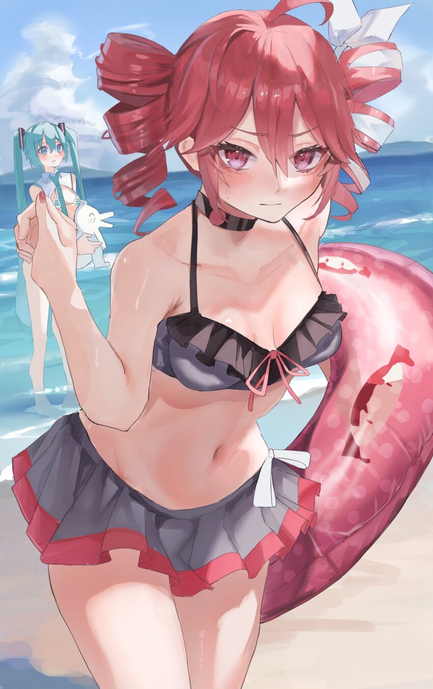 2girls, ahoge, alternate_costume, beach, bikini, bikini_skirt, black_skirt, blue_hair