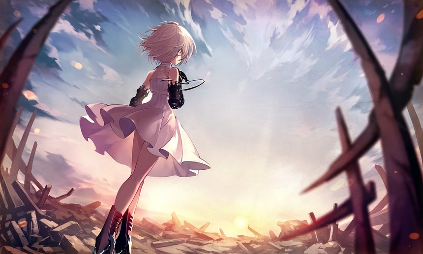 1girl, ahat_(ta_ga_tame_no_alchemist), bare_legs, bare_shoulders, black_footwear, cloud, dress, from_behind