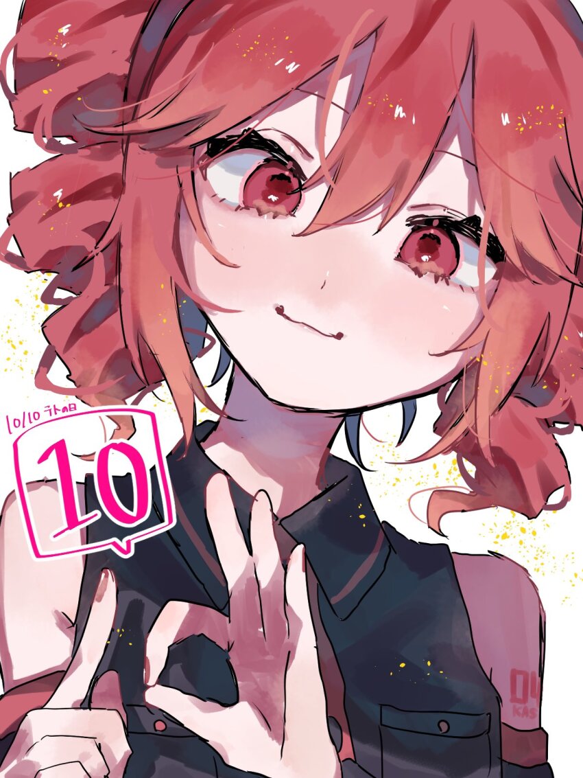 1girl, bare_shoulders, black_sleeves, blush, collared_shirt, dated, detached_sleeves, double-parted_bangs, drill_hair, flat_chest, hair_between_eyes, highres, index_finger_raised, kasane_teto, kasane_teto_(utau), long_sleeves, looking_at_viewer, number_tattoo, ok_sign, pocket, red_eyes, red_trim, sakanaya_(toretate_fish), shirt, simple_background, smile, solo, tattoo, twin_drills, upper_body, utau, white_background, wing_collar