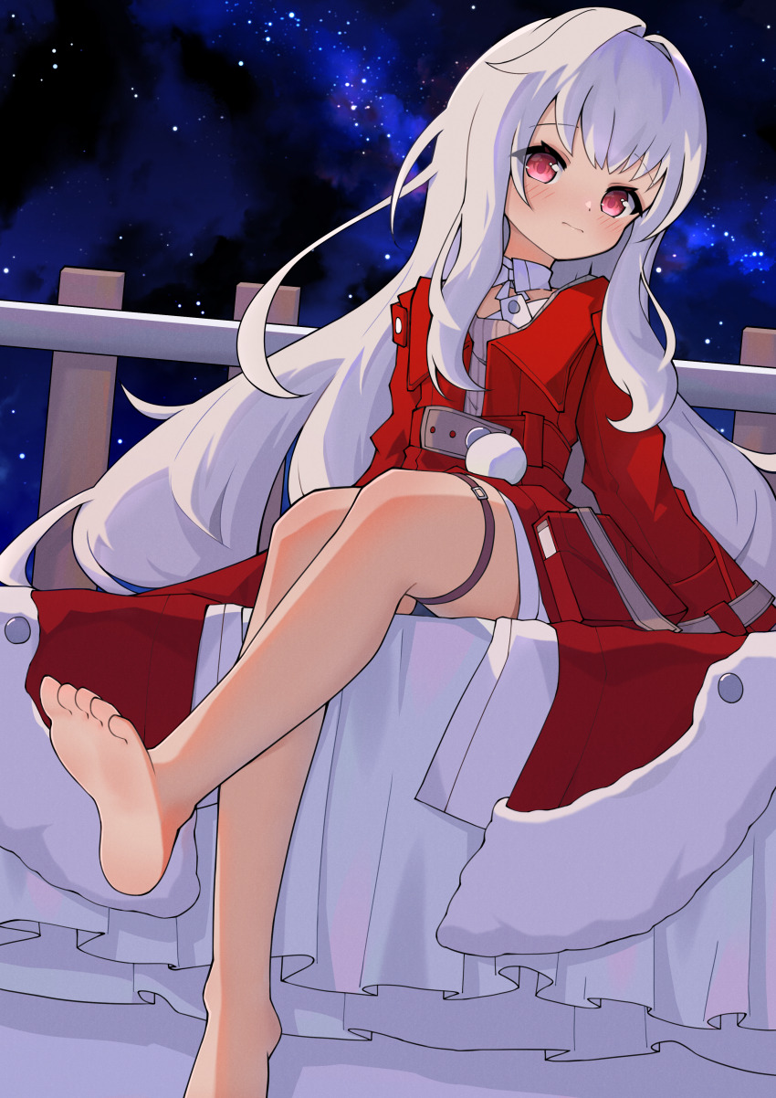 1girl, absurdres, anleewind, barefoot, blush, clara_(honkai:_star_rail), feet, highres, honkai:_star_rail, honkai_(series), loli, long_hair, looking_at_viewer, red_eyes, soles, toes, white_hair