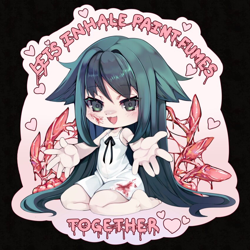 1girl, absurdres, bare_shoulders, blood, breasts, commentary, dress, ecchibeef, eldritch_abomination, english_commentary, english_text, flesh, green_eyes, green_hair, hair_flaps, highres, let's_take_ibuprofen_together_(meme), long_hair, looking_at_viewer, meme, monster_girl, open_mouth, ribbon, saya_(saya_no_uta), saya_no_uta, sitting, sleeveless, sleeveless_dress, small_breasts, smile, solo, sticker_(medium), sundress, very_long_hair, wings