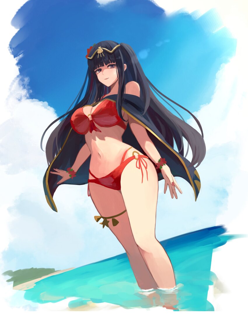 1girl, absurdres, bikini, black_cape, black_hair, blue_sky, blunt_bangs, breasts