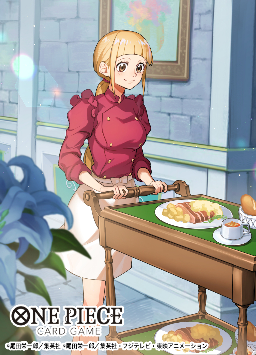 1girl, blonde_hair, blunt_bangs, bread, brown_eyes, chef, closed_mouth, commentary_request, copyright_name, cosette_(one_piece), flower, food, freckles, frills, hair_tie, high_collar, highres, indoors, official_art, one_piece, one_piece_card_game, plate, ponytail, potato, skirt, smile, solo, sunohara_(encount), white_skirt