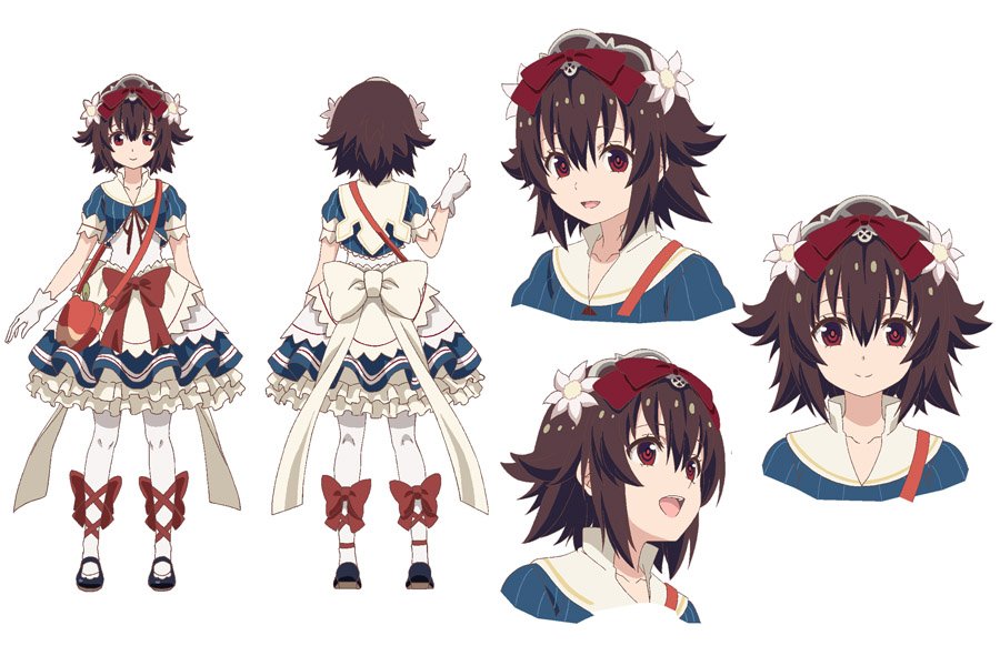 1girl, bag, blue_footwear, brown_hair, dress, flower, gloves, grimms_notes