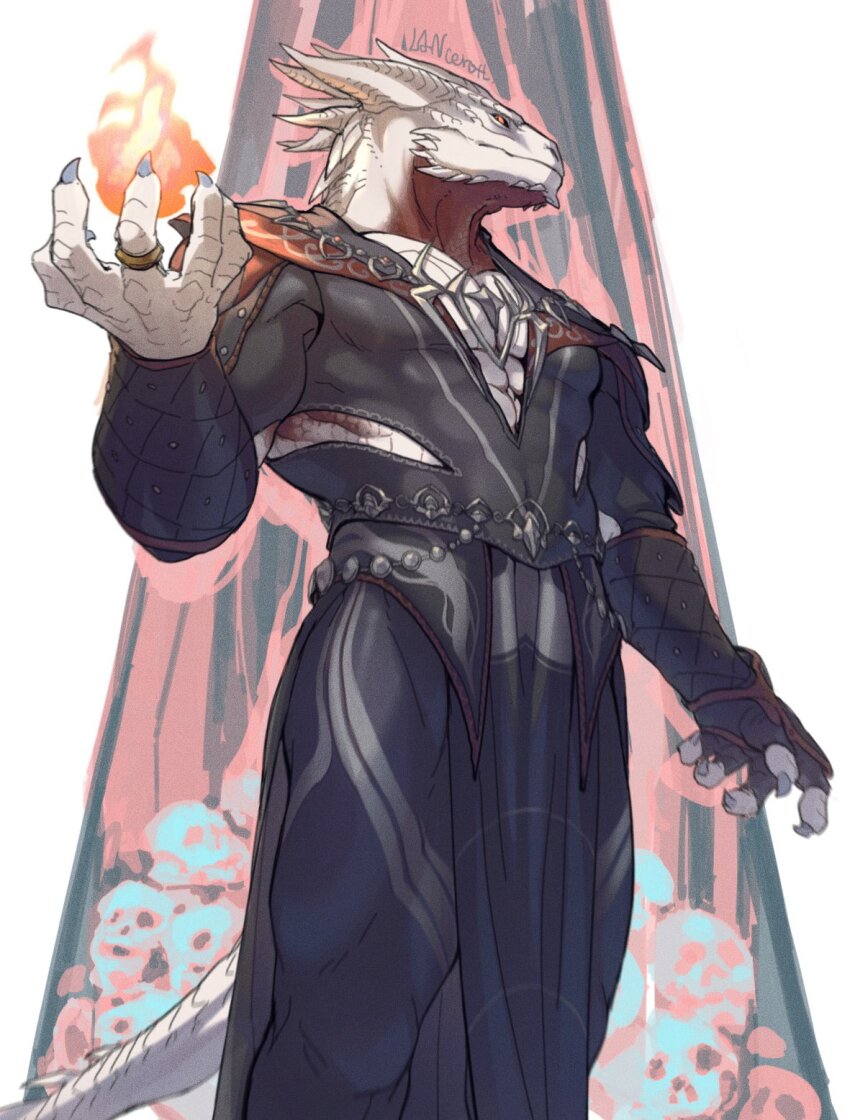 1boy, artist_name, baldur's_gate, baldur's_gate_3, black_gloves, black_nails, black_shirt, bracer, clothing_cutout, dragon_boy, dragon_horns, dragon_tail, dungeons_&amp;_dragons, feet_out_of_frame, fingerless_gloves, fingernails, fire, from_below, furry, furry_male, gloves, hand_up, highres, hip_vent, horns, jewelry, looking_at_viewer, male_focus, meganemido, muscular, muscular_male, pectoral_cleavage, pectorals, pelvic_curtain, pile_of_skulls, plunging_neckline, pyrokinesis, red_eyes, ring, scales, sharp_fingernails, shirt, signature, single_glove, skull, solo, standing, tail, the_dark_urge_(baldur's_gate)