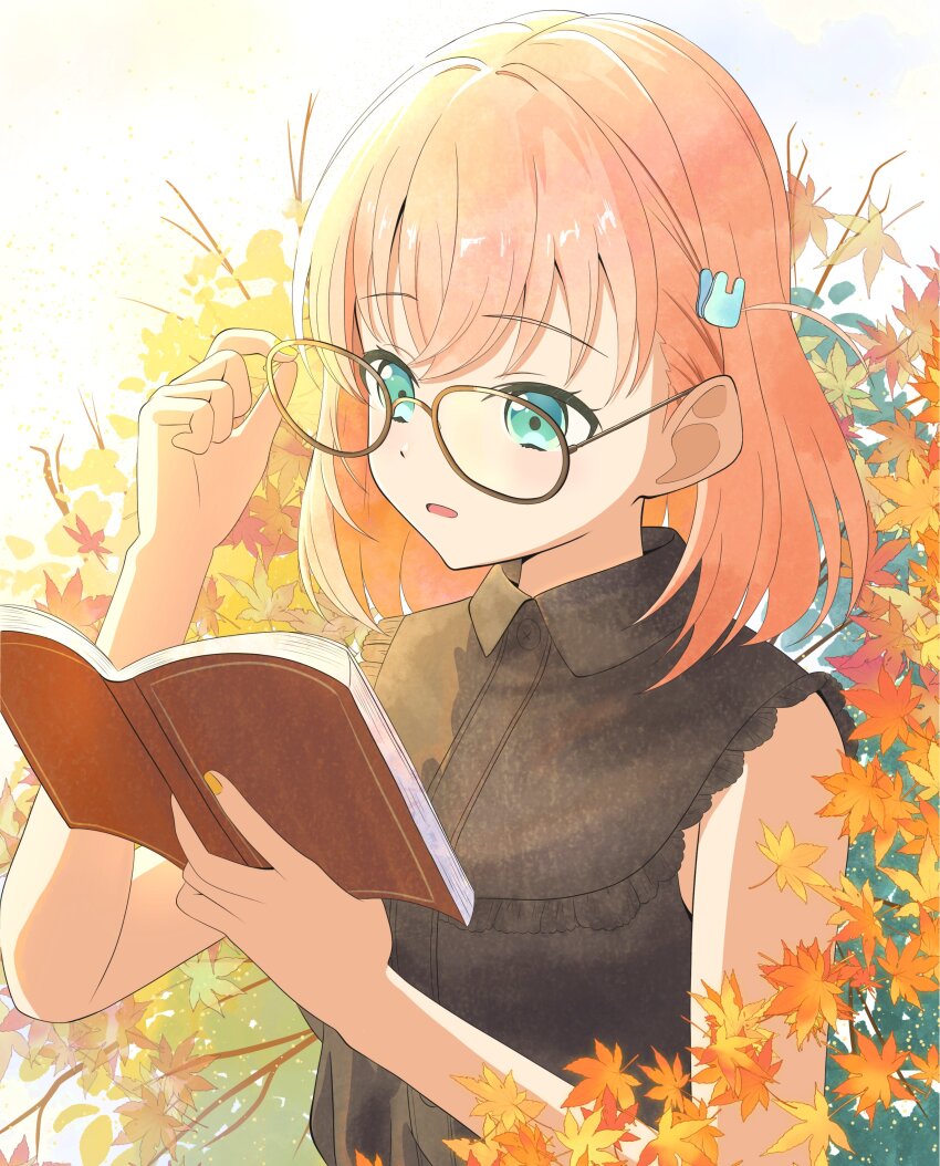 1girl, absurdres, adjusting_eyewear, aqua_eyes, armpit_crease, autumn_leaves, black_shirt, blush, book, brown-framed_eyewear, collared_shirt, commentary, crossed_bangs, frilled_shirt, frills, glasses, hair_ornament, highres, hinoshita_kaho, hinoshita_kaho_(ishikawa_prefectural_library), holding, holding_book, leaf, leaf_background, link!_like!_love_live!, love_live!, maple_leaf, medium_hair, morio_(mmorio_mu), official_alternate_costume, open_book, open_mouth, orange_hair, rabbit_hair_ornament, reading, shirt, sleeveless, sleeveless_shirt, solo, two_side_up, upper_body, virtual_youtuber, white_background
