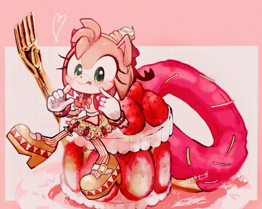 1girl, amy_rose, amy_rose_(dulce), animal_ears, animal_nose, bow, cake, commentary_request