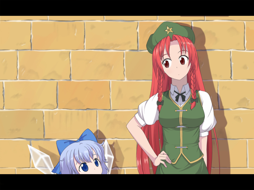 2girls, blue_eyes, blue_hair, bow, braid, breasts, brick_wall, china_dress, chinese_clothes, cirno, destino, dress, food, hair_bow, hand_on_own_hip, hat, head_tilt, height_difference, hip_focus, hong_meiling, ice, letterboxed, long_hair, looking_up, multiple_girls, red_eyes, red_hair, short_hair, size_difference, star_(symbol), embodiment_of_scarlet_devil, touhou, twin_braids, very_long_hair, wall, wings