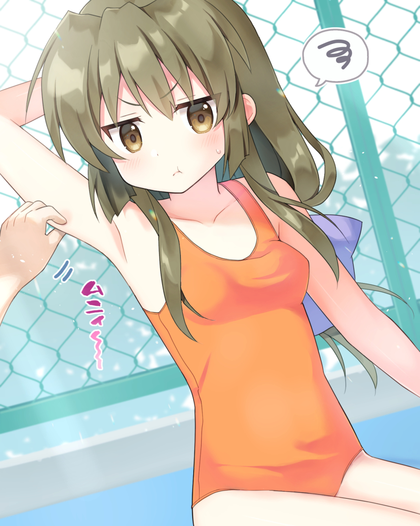 1girl, 1other, :t, arm_at_side, arm_pinching, arm_up, armpits, bare_shoulders, blush, bow, breasts, brown_eyes, brown_hair, clannad, closed_mouth, collarbone, commentary_request, cowboy_shot, dutch_angle, hair_between_eyes, hair_bow, haruchimo, highres, ibuki_fuuko, long_hair, looking_at_viewer, low-tied_long_hair, motion_lines, one-piece_swimsuit, orange_one-piece_swimsuit, outdoors, paid_reward_available, pinching, pout, presenting_armpit, purple_bow, sidelocks, sitting, small_breasts, solo_focus, sound_effects, speech_bubble, spoken_squiggle, squiggle, sweatdrop, swimsuit, v-shaped_eyebrows