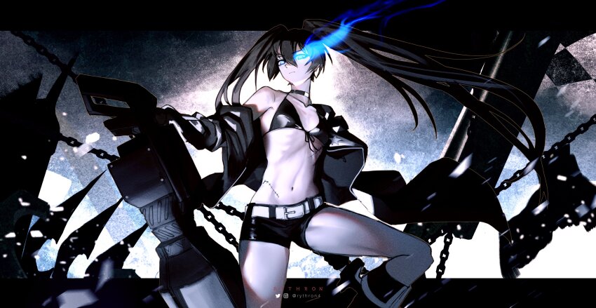 1girl, absurdres, arm_cannon, belt, bikini, black_coat, black_hair, black_rock_shooter