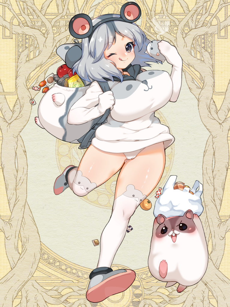 1girl, ;), animal_hairband, apple, backpack, bag, breasts, candy