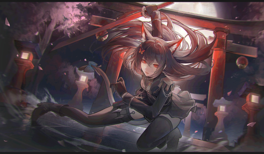 0ishur, 1girl, absurdres, animal_ears, black_hair, black_skirt, black_thighhighs, breasts