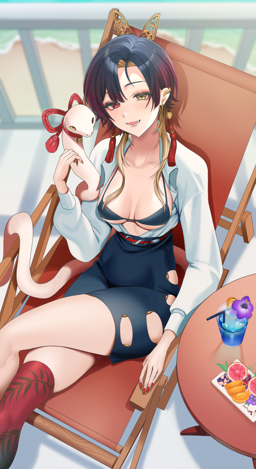 1girl, absurdres, black_bra, black_hair, black_skirt, blonde_hair, blurry, blurry_background