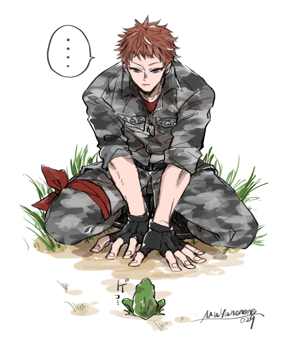 ..., 1boy, bandana_around_thigh, between_legs, busujima_mason_rio, camouflage, camouflage_jacket, camouflage_pants, dirt, dog_tags, expressionless, fingerless_gloves, frog, full_body, gloves, grass, hand_between_legs, hands_on_ground, hypnosis_mic, jacket, looking_at_animal, male_focus, pants, red_shirt, shirt, short_hair, signature, sleeve_rolled_up, squatting, uminomura, very_short_hair