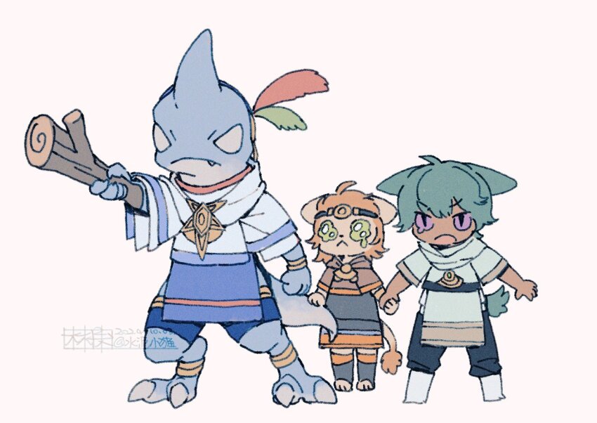 1girl, 2boys, aged_down, animal_ears, brother_and_sister, brothers, cat_ears, cat_tail