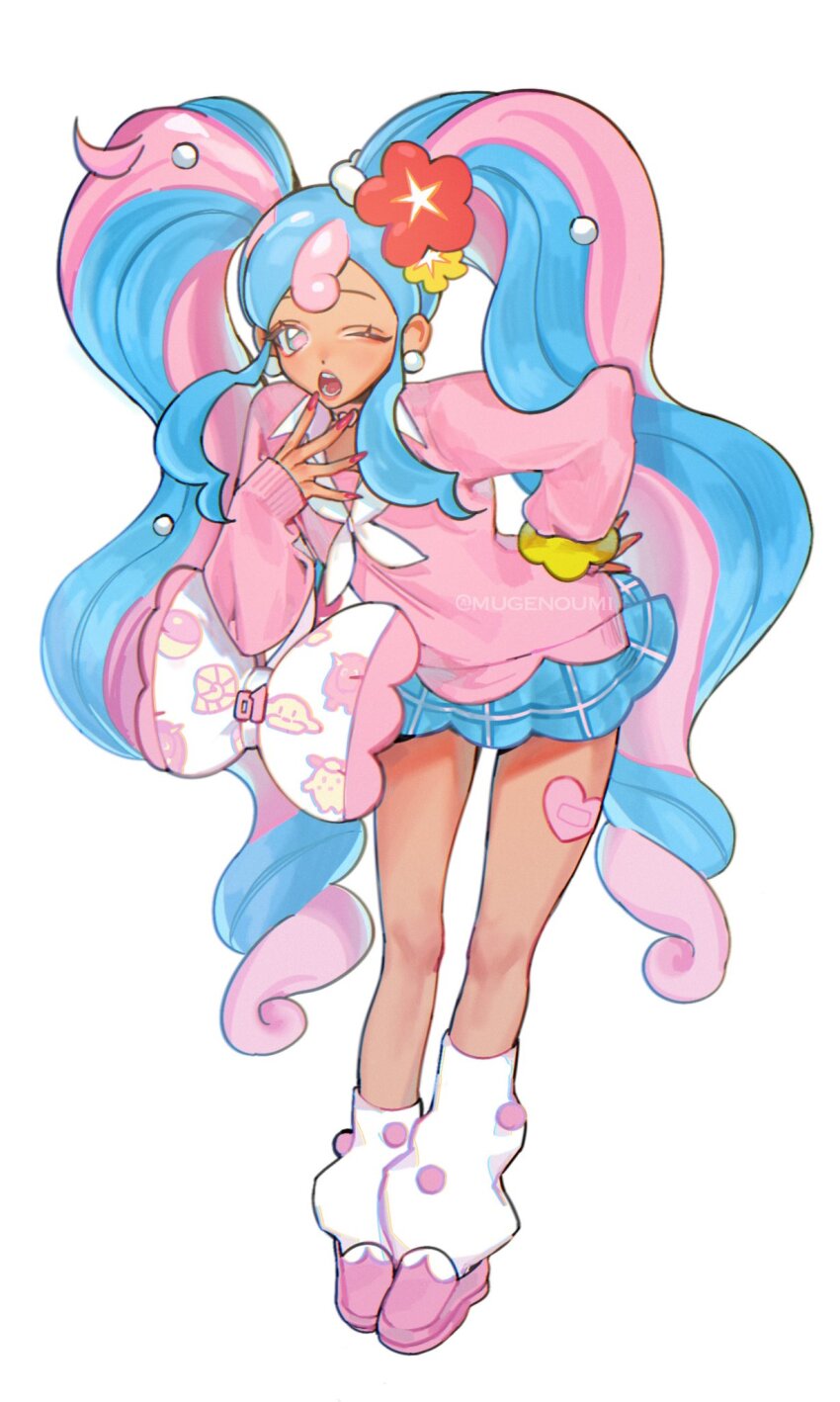 1girl, blue_hair, bull_sprite_(pokemon), cardigan, clefairy_sprite_(pokemon), commentary, dark-skinned_female, dark_skin