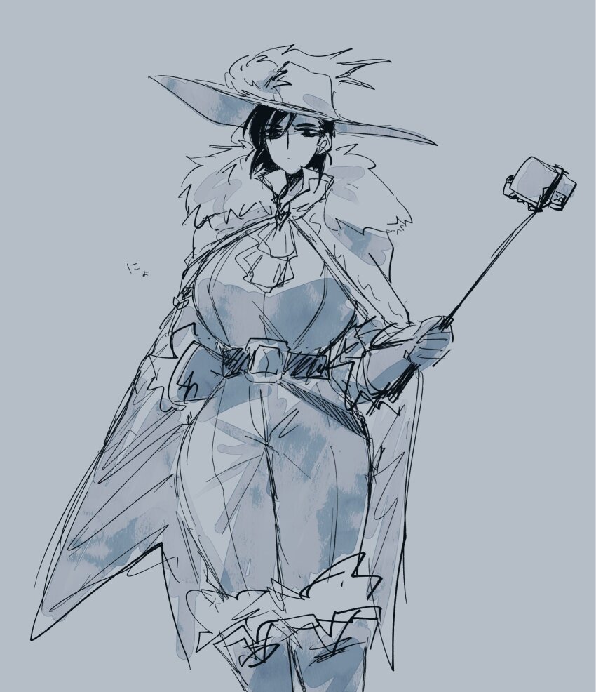 1004_meee, 1girl, ascot, belt, black_hair, boots, cape, cavalier_hat, fur_collar, fur_trim, genderswap, genderswap_(mtf), gloves, greyscale, hat, highres, limbus_company, meursault_(project_moon), monochrome, plume, project_moon, selfie_stick, short_hair, simple_background, solo, white_background