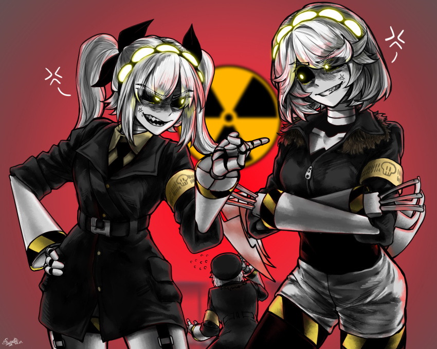 1boy, 2girls, android, armband, black_hairband, black_jacket, bow, colored_skin