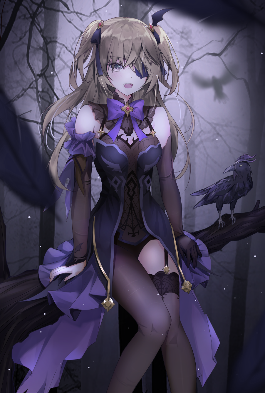 1girl, arm_support, arms_at_sides, bare_shoulders, bat_hair_ornament, bird, black_gloves, blonde_hair