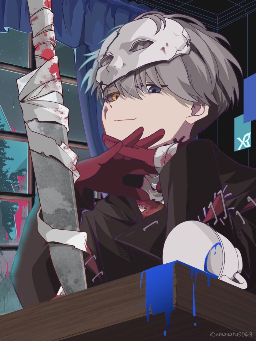 1boy, amanatsu_(amanatu5069), black_coat, blood, blood_on_face, blue_eyes, blue_liquid, coat, colored_sclera, cup, curtains, from_above, gloves, grey_hair, grey_sclera, hands_up, highres, indoors, interlocked_fingers, knife, looking_at_viewer, looking_to_the_side, male_focus, mask, mask_on_head, mismatched_sclera, night, official_alternate_costume, planted, planted_knife, planted_weapon, red_gloves, reverse:1999, short_hair, sky, smile, solo, table, upper_body, weapon, window, x_(breathing_in_silence)_(reverse:1999), x_(reverse:1999), yellow_eyes